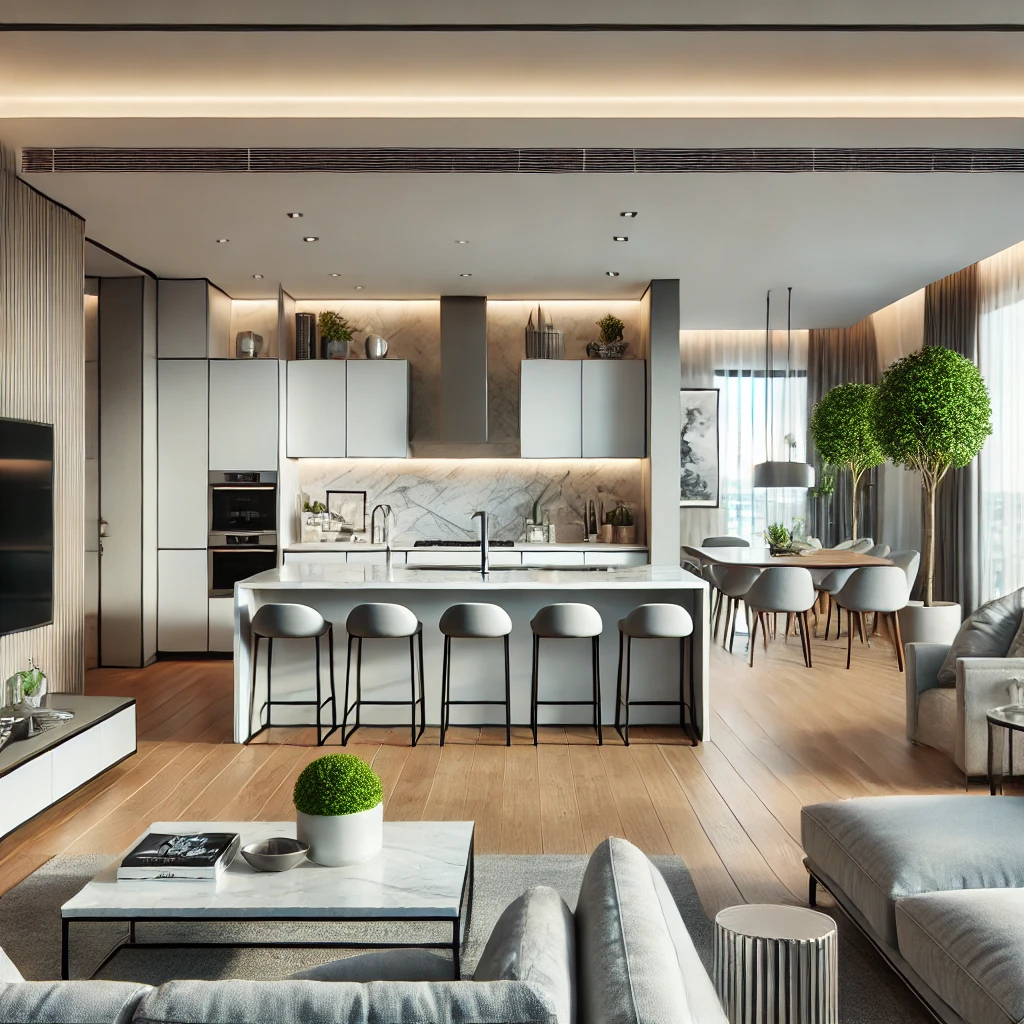 طراحی مدرن آشپزخانه و اتاق تلویزیون با کابینت‌های سفید براق، جزیره مرمری، مبل خاکستری و تلویزیون دیواری.