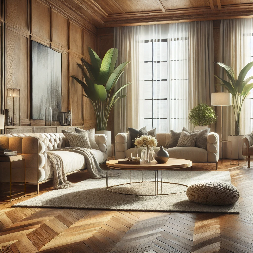 کفپوش پارکت و لمینت در بازسازی خانه طبیعی در یک سالن پذیرایی لوکس با نورگیرهای بزرگ و مبلمان مدرن