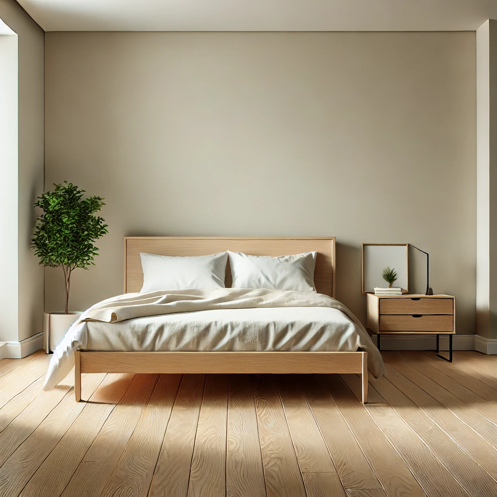 اتاق خوابی با طراحی مینیمال، کفپوش لمینت روشن، تخت کم‌ارتفاع با ملافه سفید و یک گیاه کنار پنجره.